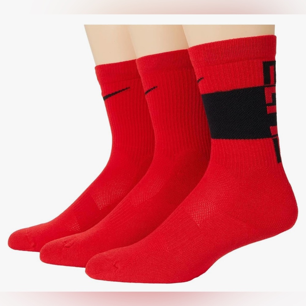 Nike Elite Crew Socks 3-Pair University Red/Black 6-10 Women Shoe, 6-8 Men Shoe)